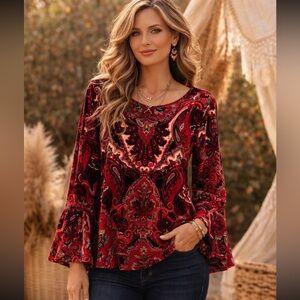 Chico's Velvet Velour Red Black Paisley Tapestry Boho Blouse Top Bell Sleeve
